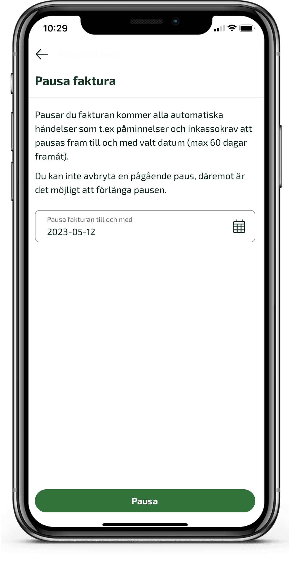 Öppna den kundfaktura du vill pausa, klicka på Hantera och sedan Pausa faktura.