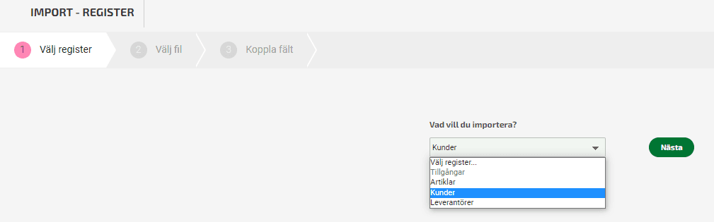 Välj Kunder i listan och klicka på Nästa.