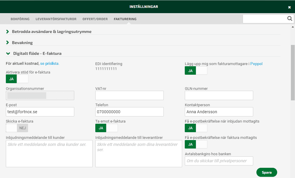 Aktivera e-faktura under Inställningar - Fakturering - Digitalt flöde - E-faktura.