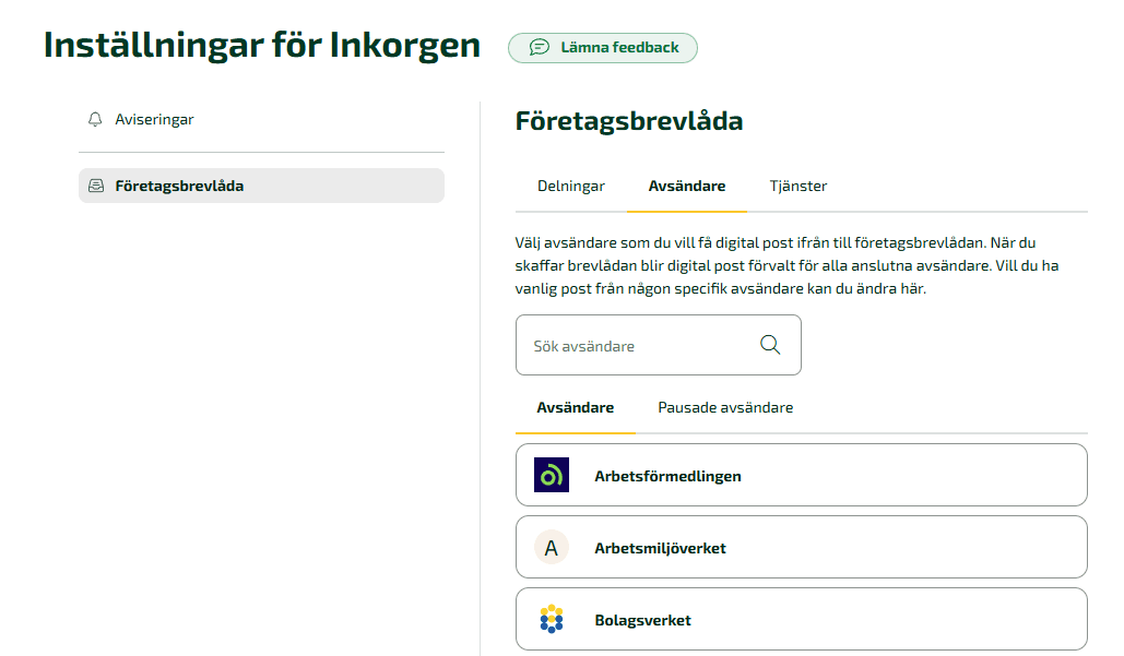 Med Fortnox företagsbrevlåda visas avsändarna i en lista som hanteras direkt i Fortnox.