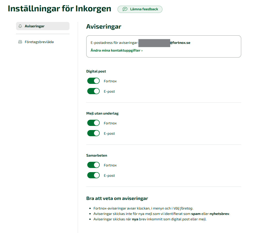 Du kan välja om du vill ha aviseringar på Fortnox, till din e-post eller både och.