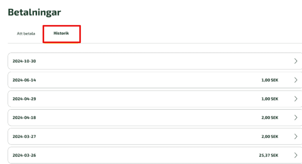 Efter att signeringen med BankID gått igenom hamnar betalningarna under fliken Historik