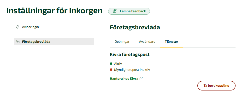 Med Kivras företagsbrevlåda klickar du på knappen “Ta bort koppling”.