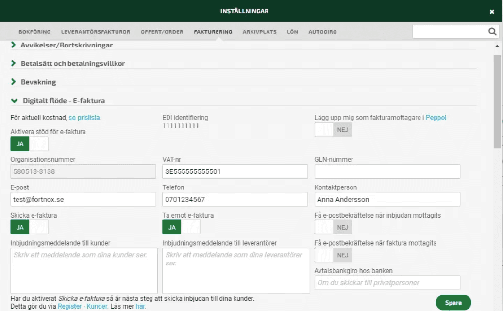 Under Inställningar aktiverar du stöd för e-faktura.