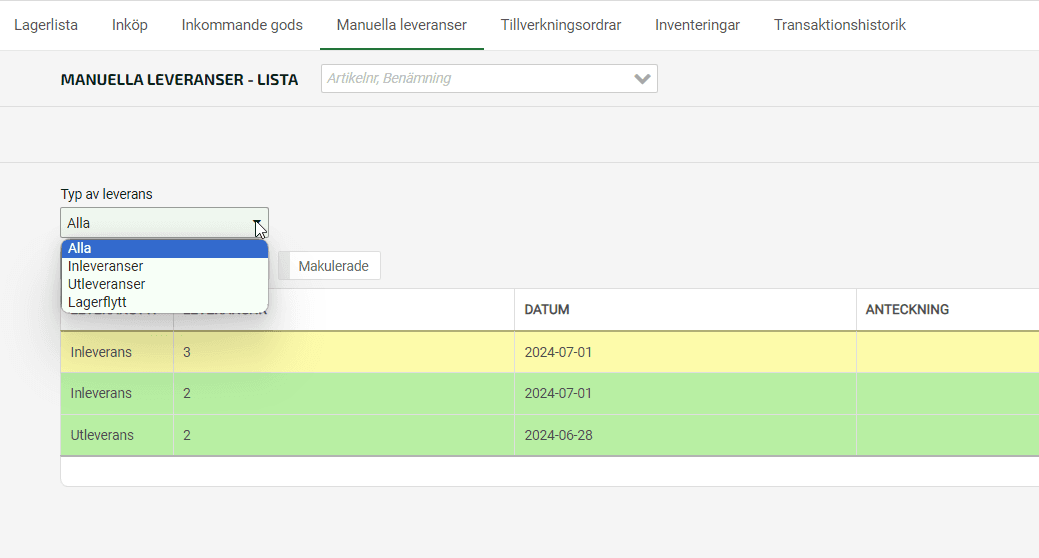 Sortera manuella leveranser via listan under Typ av leverans.