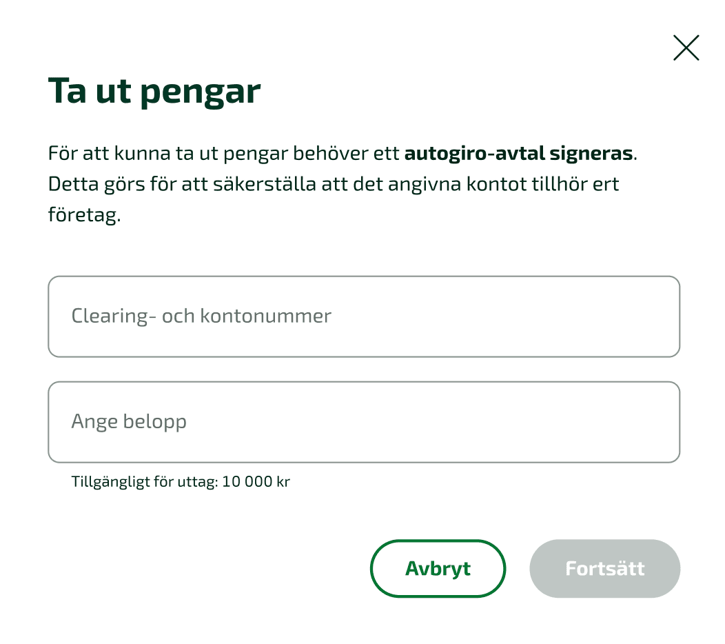 Fyll i clearing- och kontonummer och ange belopp du vill ta ut.