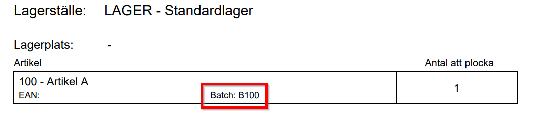 Batchnummer visas på plocklistan.