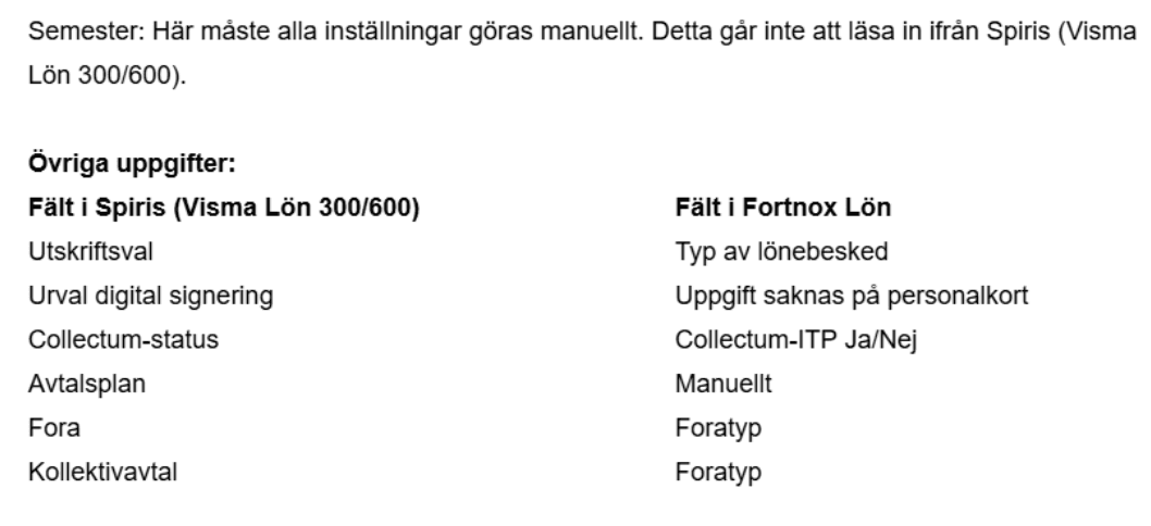 Så här hanteras de olika uppgifterna på utskrifterna: Semester.