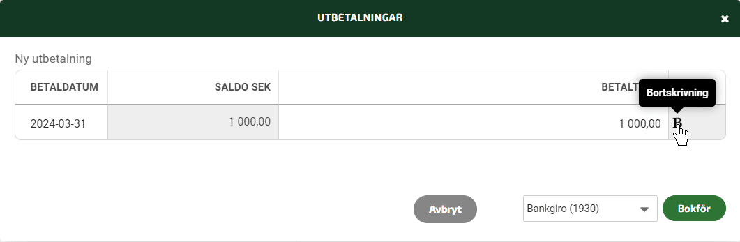 När du registrerar en betalning börjar du med att klicka på B:et.