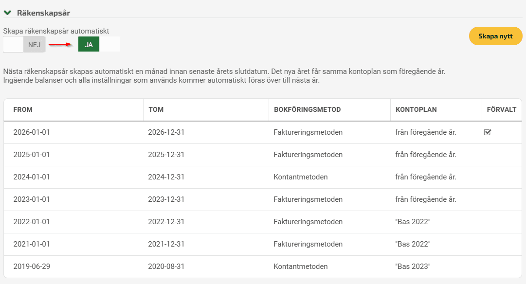 Välj JA under Skapa räkenskapsår automatiskt.