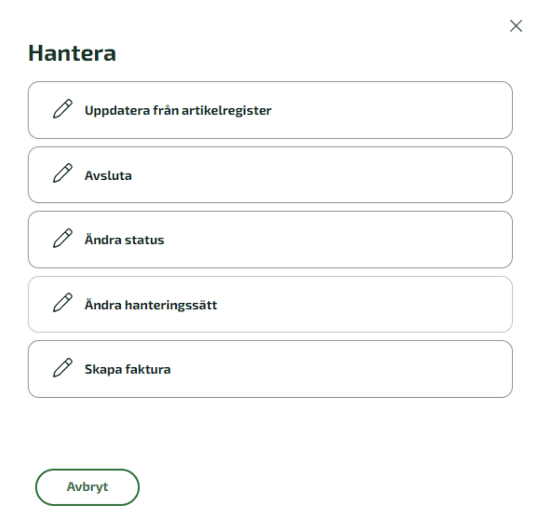 Under Hantera går det att göra ett flertal åtgärder med fakturan.