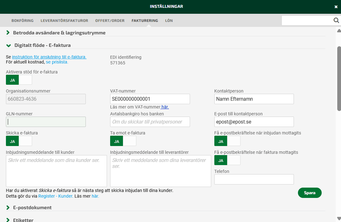 Bli upplagd i Peppol Directory som fakturamottagare genom att aktivera denna möjlighet under Inställningar - Fakturering - Digitalt flöde e-faktura.