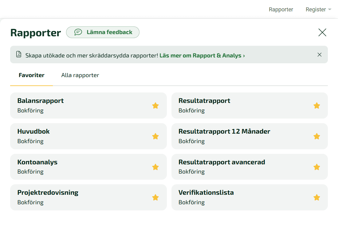 Favoritmarkerade rapporter samlade under samma flik.