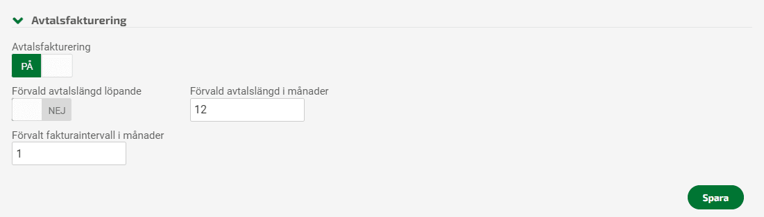 Aktivera avtalsfakturering under Inställningar.