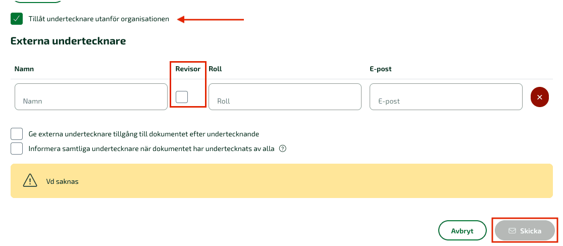 I sektionen för undertecknare kommer de personer fram som är användare i Fortnox.