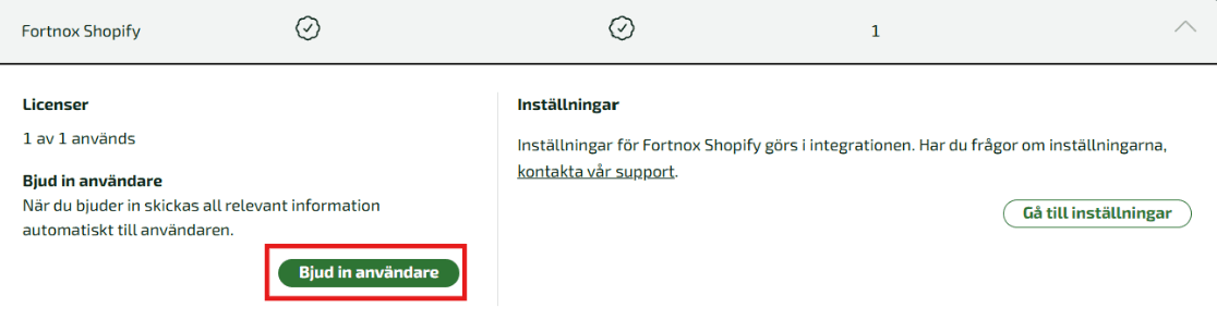 Här väljer du vilken integration du vill bjuda in en användare till och klickar på knappen Bjud in användare.