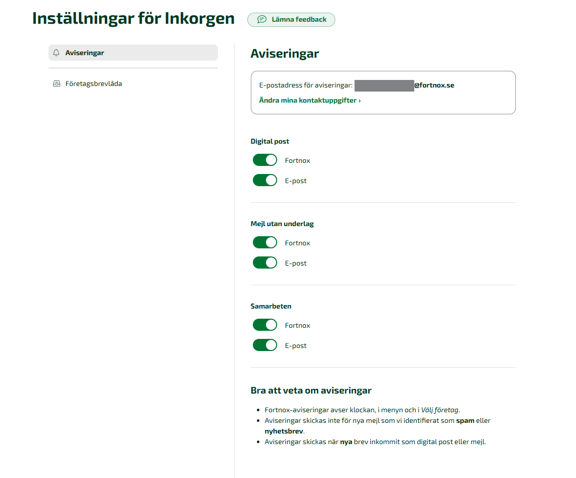 Under kugghjulet - Inkorgen kan du hantera inställningar för Inkorgen.