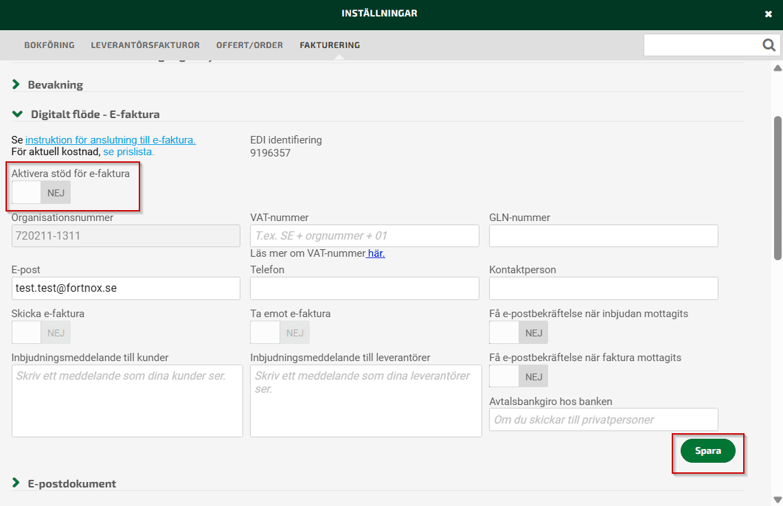 Inaktivera e-faktura under Inställningarna, Digitalt flöde - E-faktura.