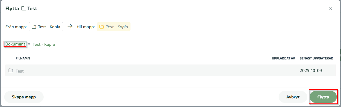 För att flytta ut ett dokument eller en mapp till översiktsvyn igen så klickar du på Dokument och sedan Flytta.