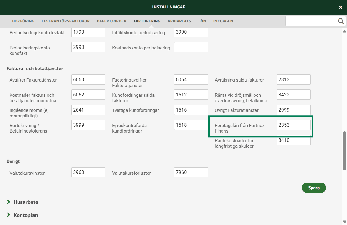 Skulle du vilja ändra bokföringskonto går du in under Kugghjulet - Bokföring - Förvalda konton - Faktura och Betaltjänster - Företagslån från Fortnox Finans.