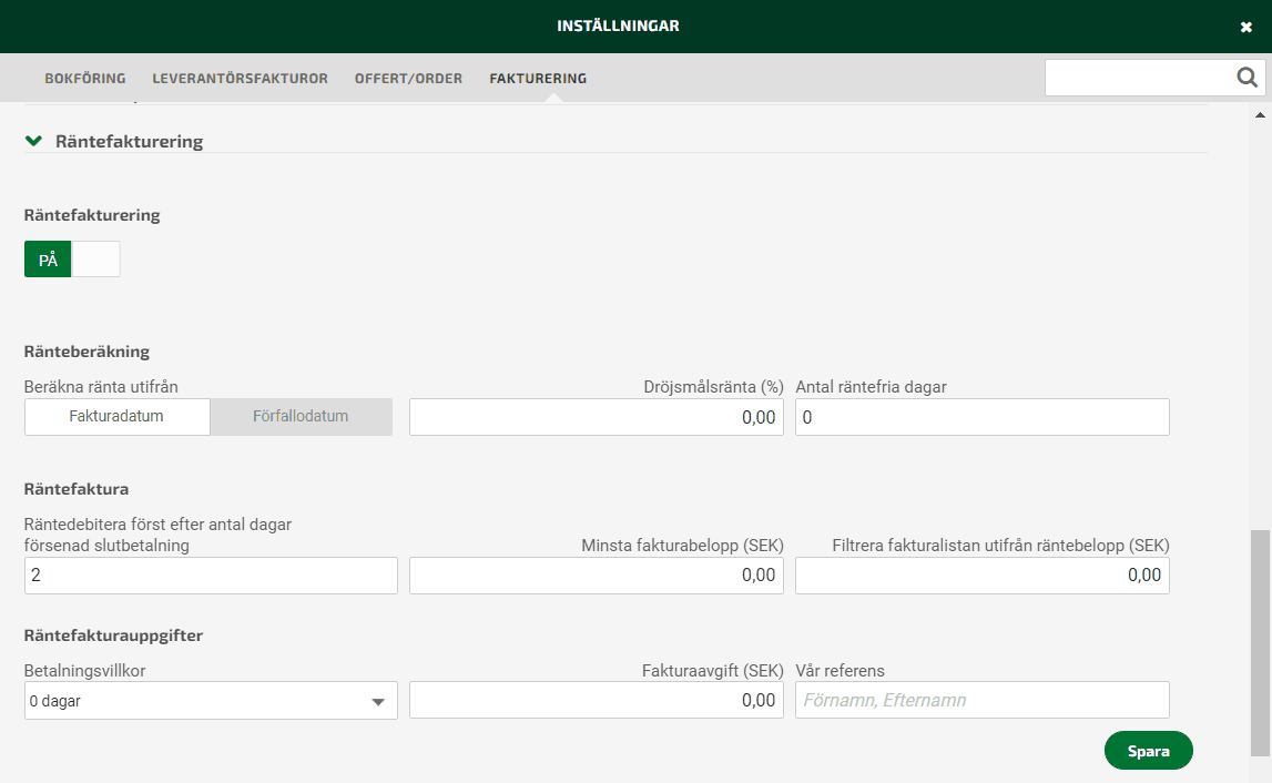 Under Inställningar - Räntefakturering aktiverar du Räntefakturering genom att välja PÅ.