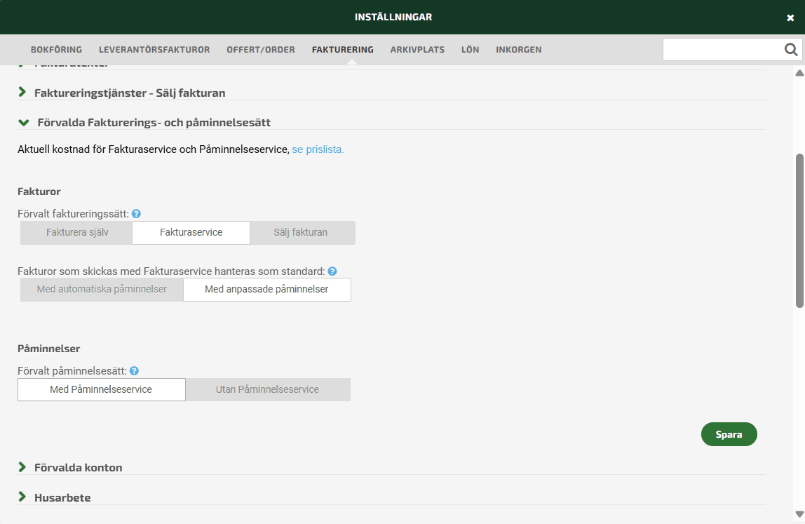 Under fliken Förvalda Fakturerings- och Påminnelsesätt kan du välja vilken standardinställning du önskar för utskicken av dina fakturor.