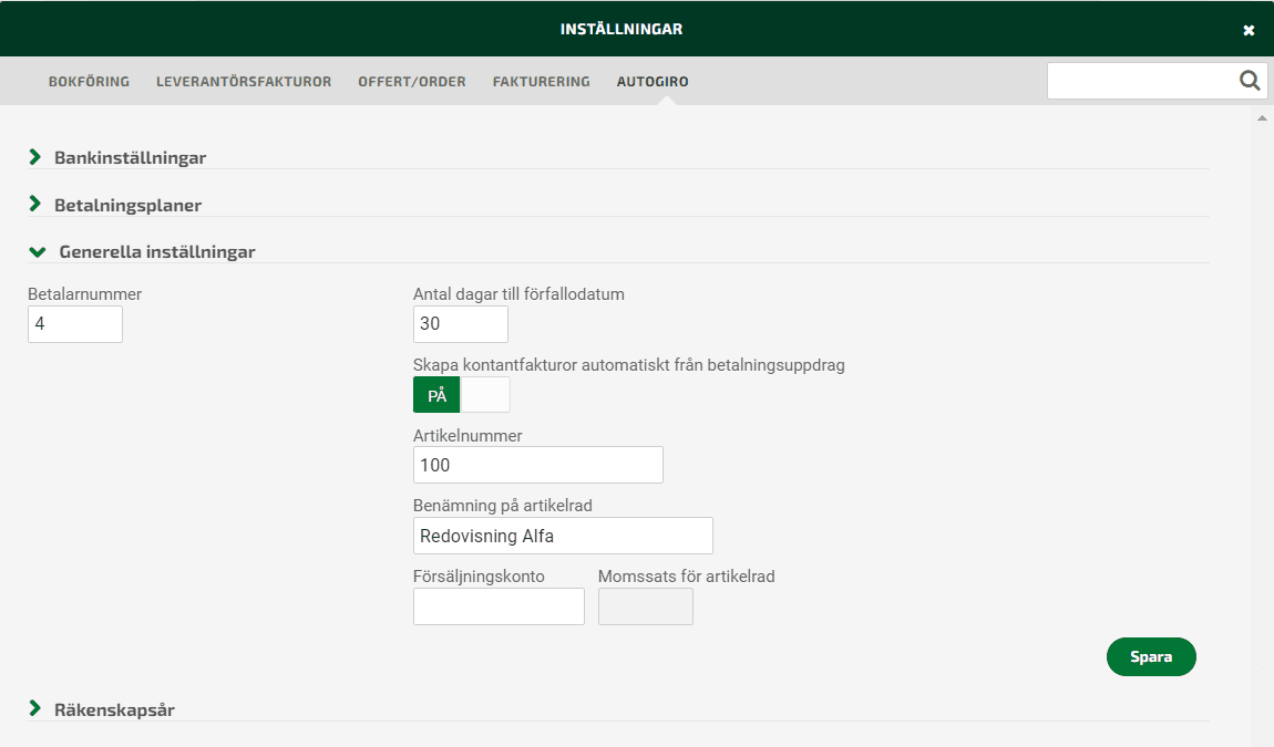 Gör inställningar under Inställningar - Autogiro - Generella inställningar.