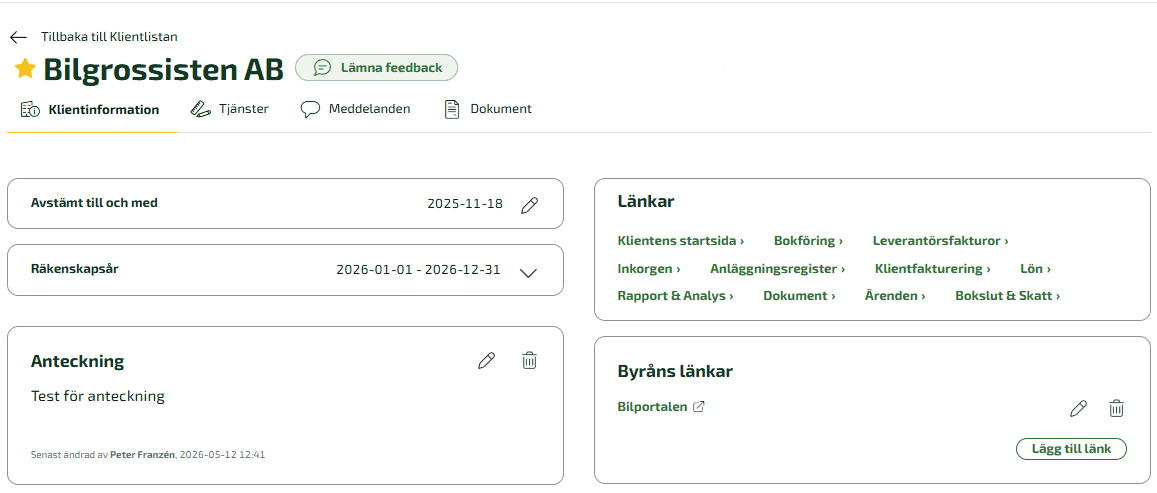 Anteckningar - Det som skrivs i anteckningsfältet under klientinformationen för klienten i Digital byrå visas automatiskt under anteckningar i Byråkompanjonen.
