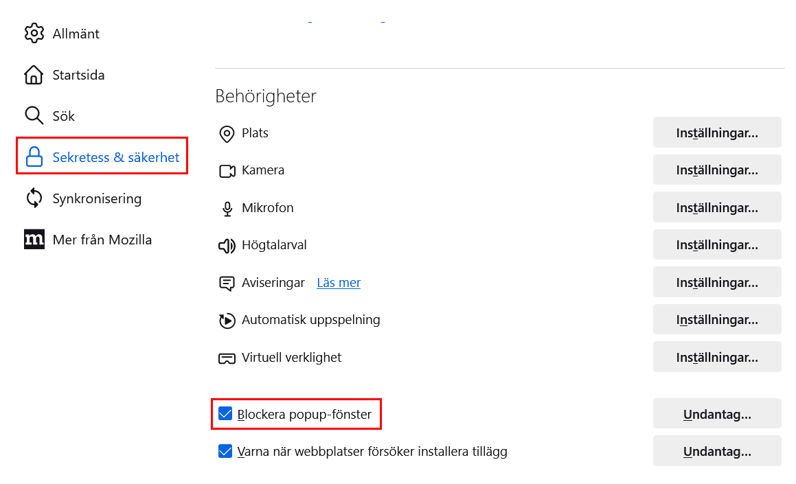 Klicka på på Sekretess & Säkerhet, sedan Behörigheter och bocka ur Blockera popup-fönster.