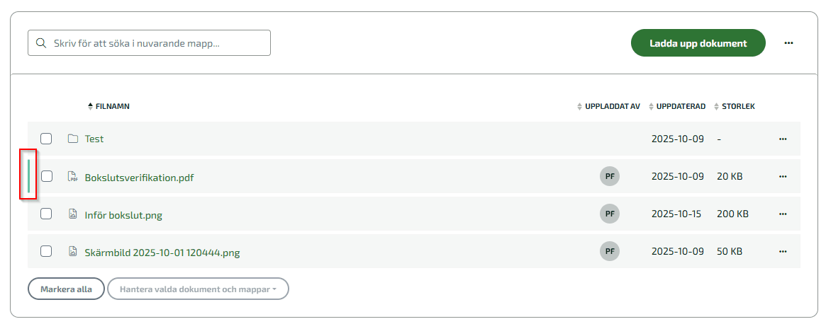 En grön markering till vänster om dokumentet visar att du markerat det som Läst.