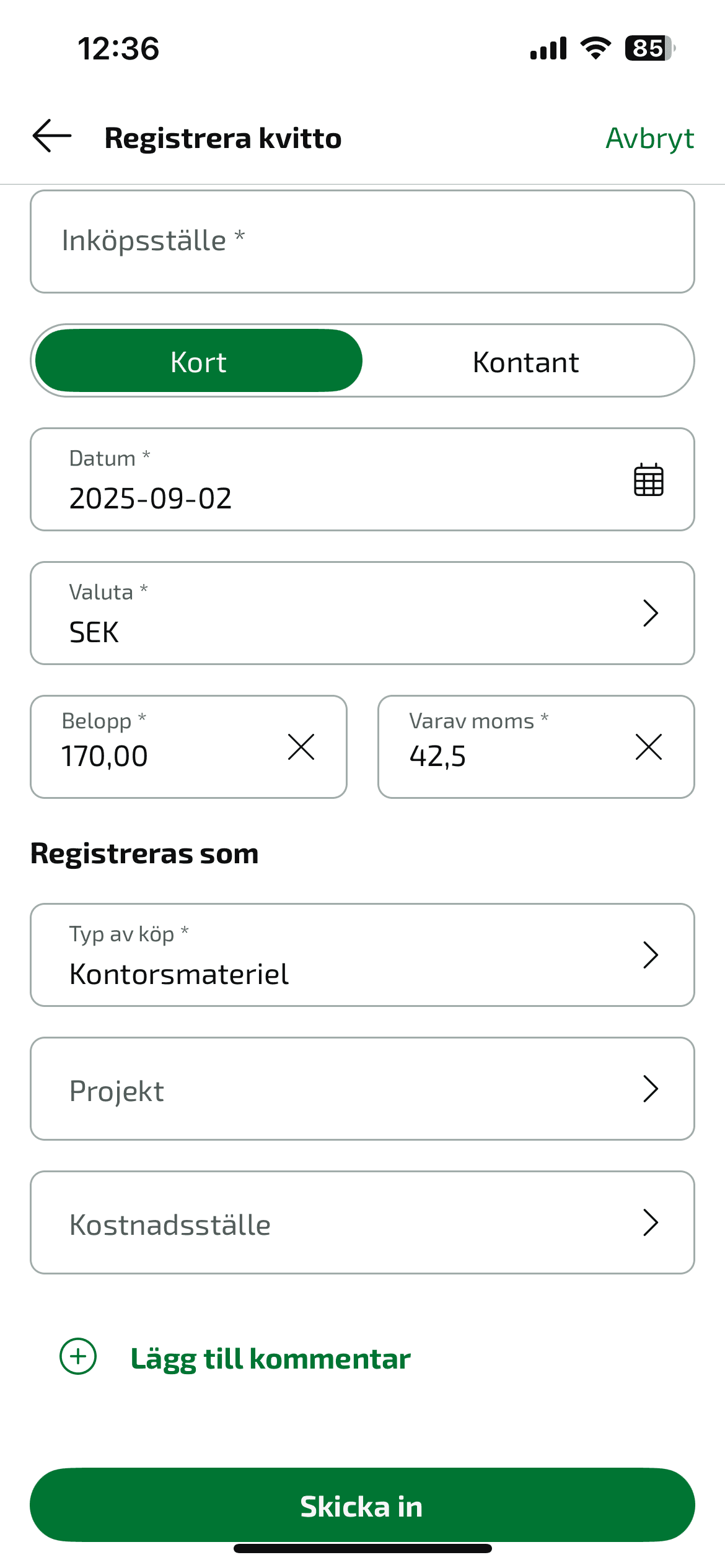 Efter att du valt Utlägg med egna pengar och klickar på Tolka underlag så kommer bilden att tolkas automatiskt.