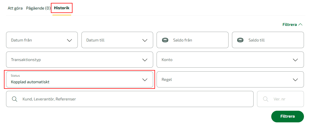 Om du vill söka fram vilka transaktioner som har kopplats automatiskt, finns det ett specifikt filter du kan använda.