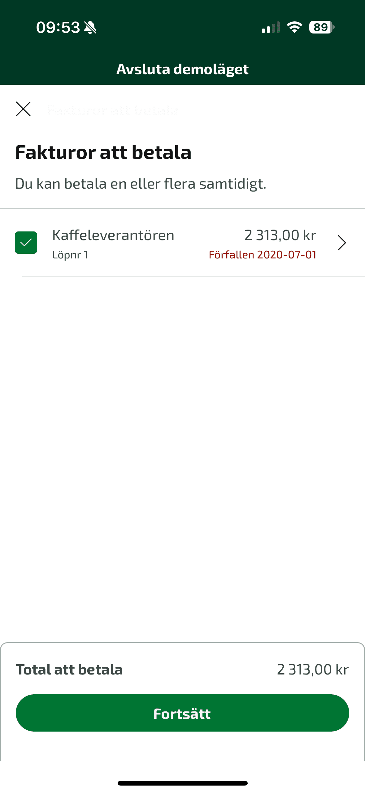 Markera leverantörsfakturan som ska betalas och klicka på Fortsätt.