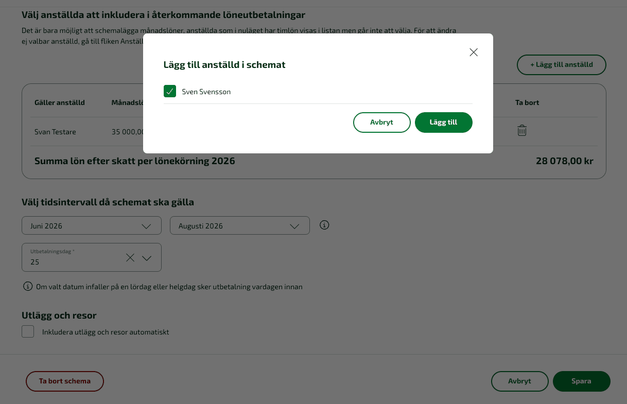 Klicka på Lägg till för att lägga till en anställd i schemat.