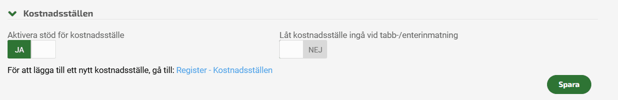 Aktivera kostnadsställen under Inställningar.
