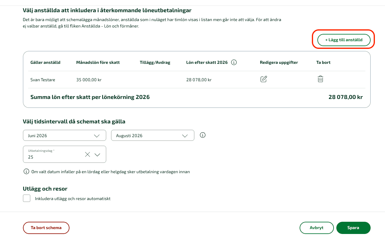 Här kan du nu även lägga till nya anställda i ett redan befintligt schema genom att klicka på + Lägg till anställd, bocka i önskad medarbetare och välja Lägg till.