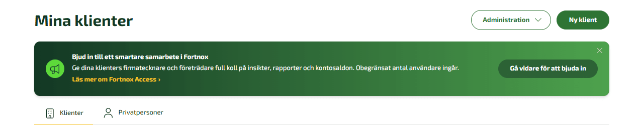När du är inne under Mina klienter visas en banner med information om möjligheten att bjuda in firmatecknare och företrädare.