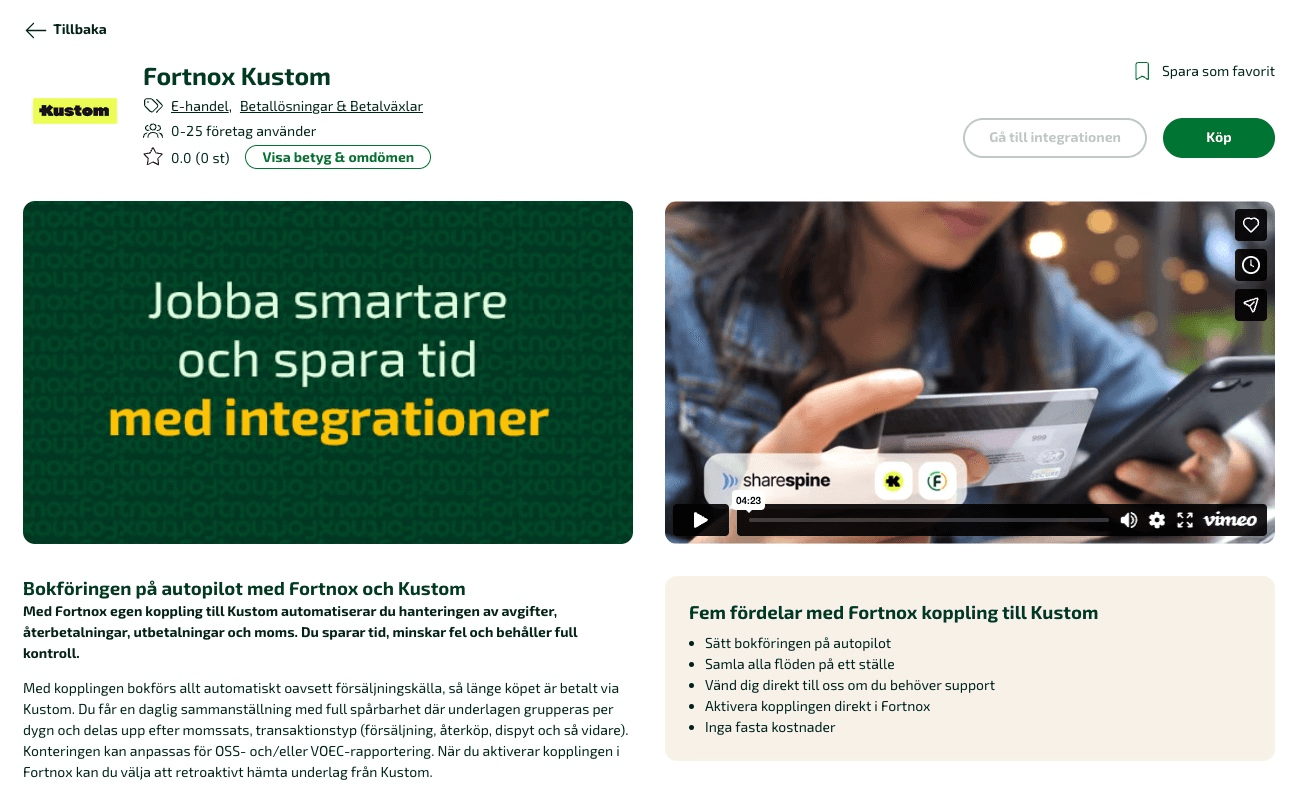 Landningssida för Fortnox Kustom, där du kan läsa om de olika funktioner som integrationen kan hantera.