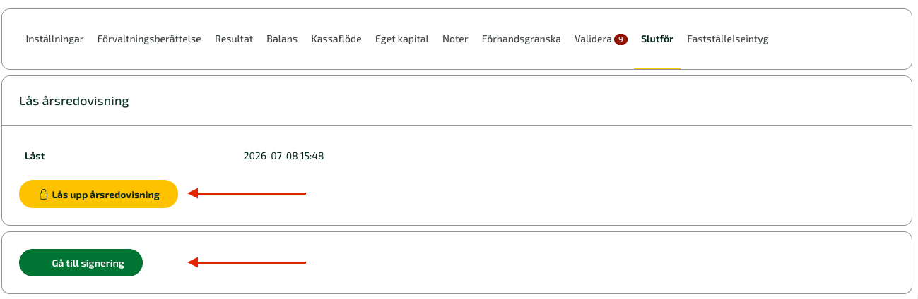 Gå till fliken Slutför och klicka på Lås årsredovisning.