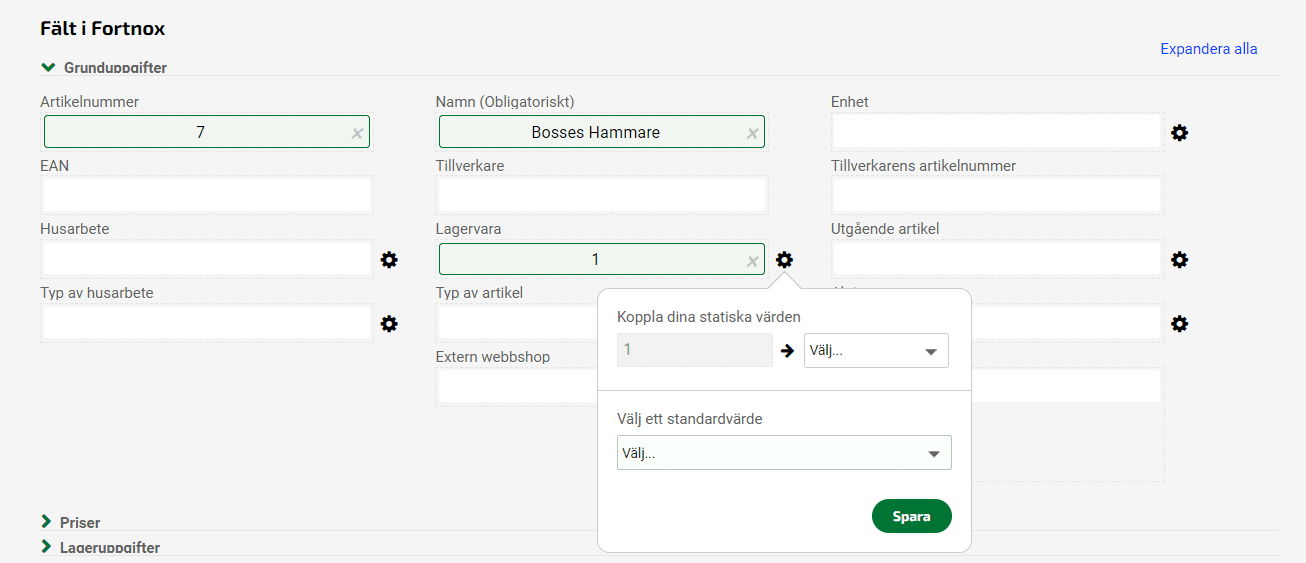 Statiska värden innebär att du kopplar befintliga värden i Fortnox mot värden ifrån filen som ska importeras.