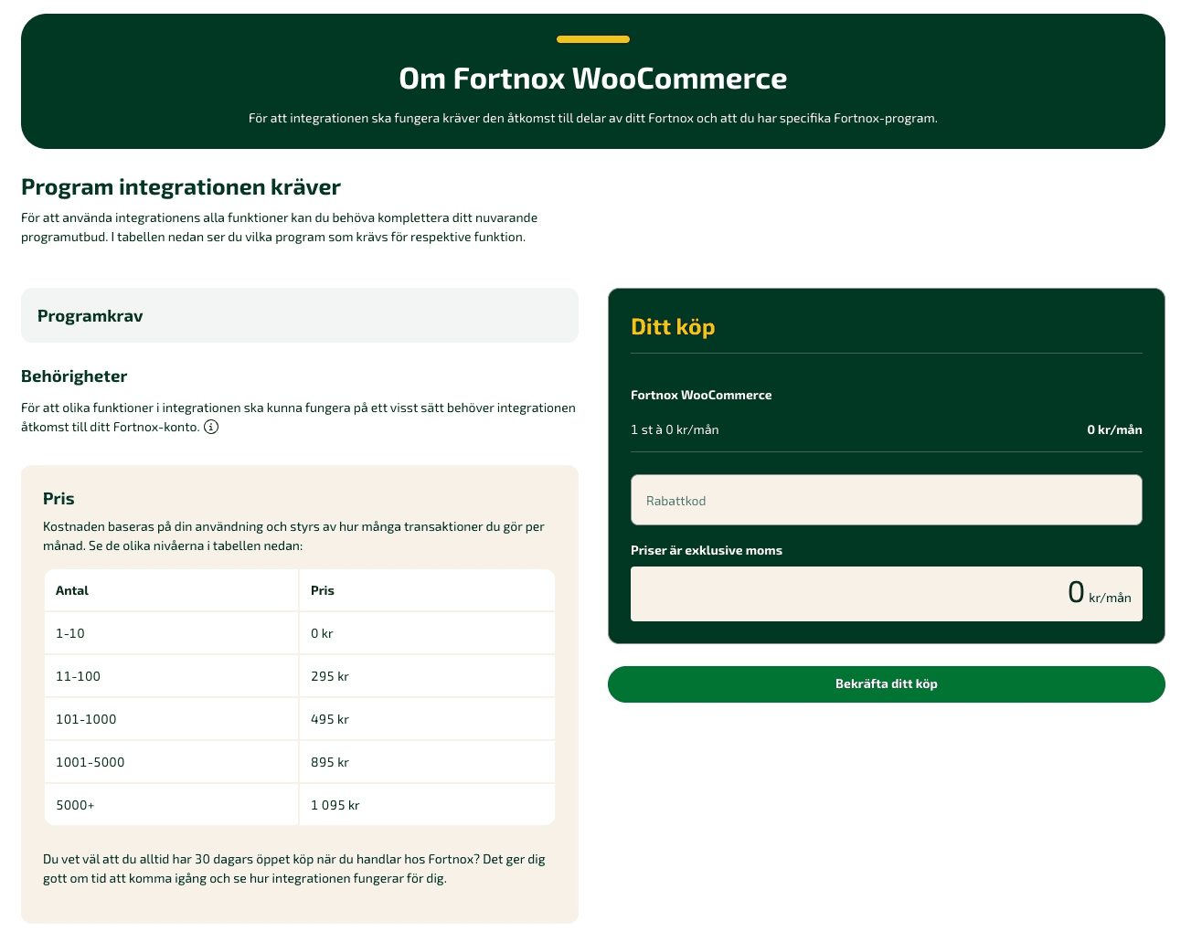 När du klickar på Köp-knappen kommer du till en sida där du får en översikt över integrationen där den berättar vilka programkrav som krävs för att kunna köpa.