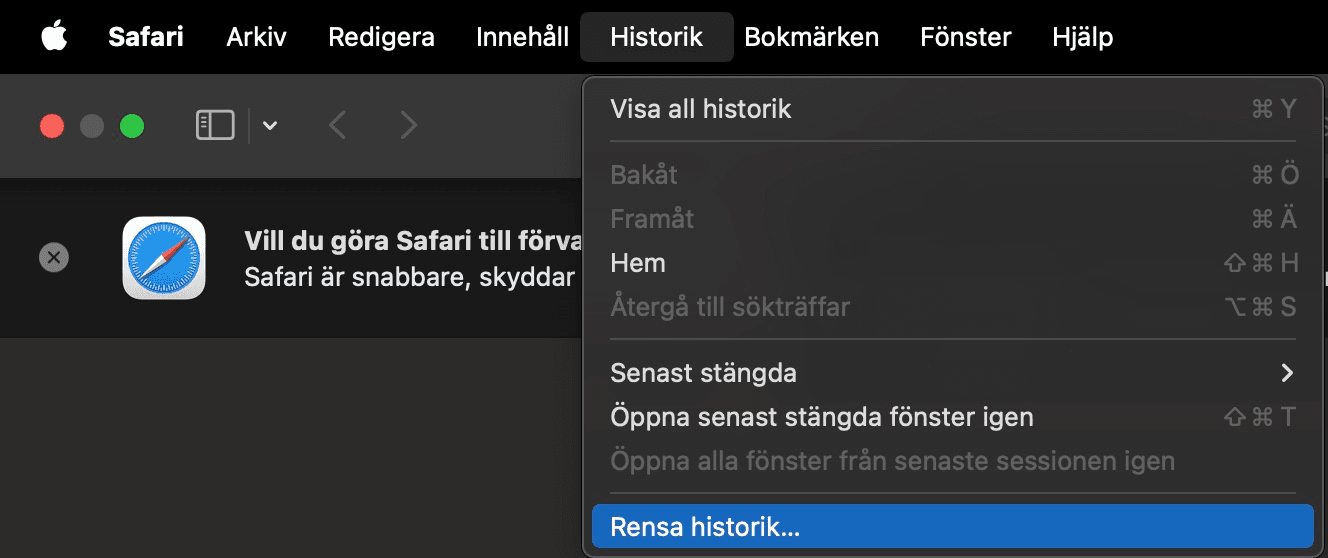 Rensa historik i webbläsaren Safari på en Mac.