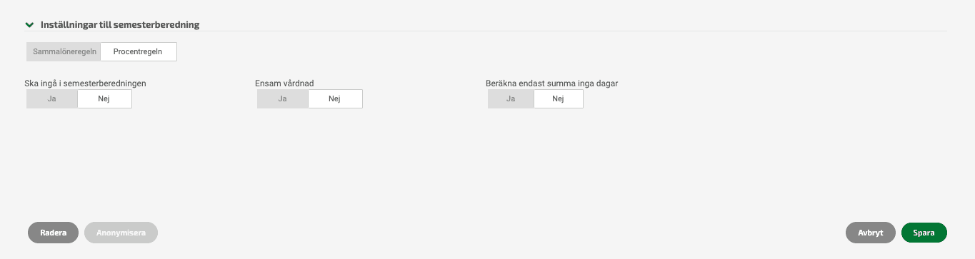 För att de anställda inte ska ingå i semesterberäkningen behöver du gå in på alla anställda i personalregistret och välja Nej under alternativet Ska ingå i semesterberäkningen.