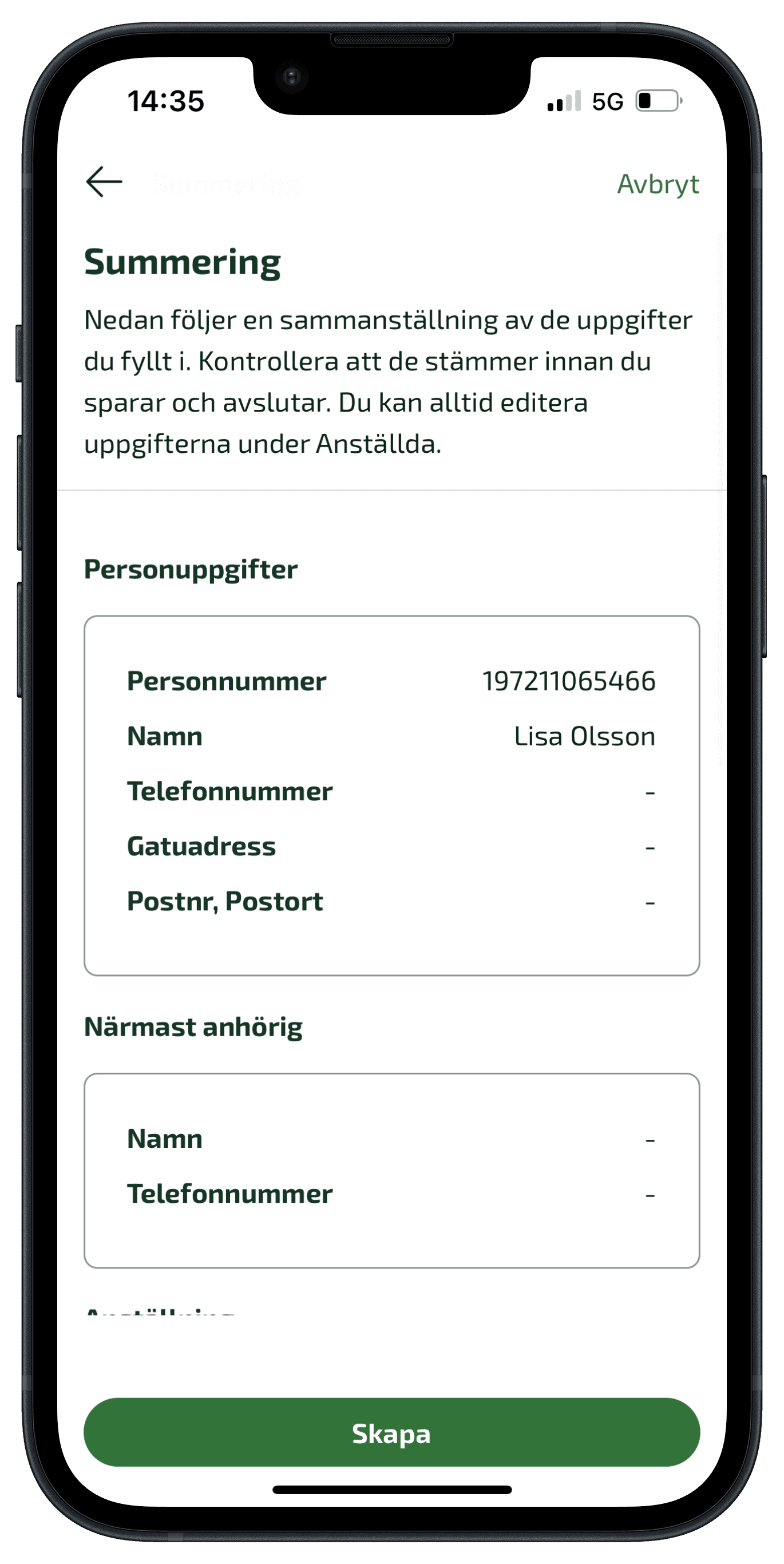 En summering visas och du klickar sedan på Skapa.