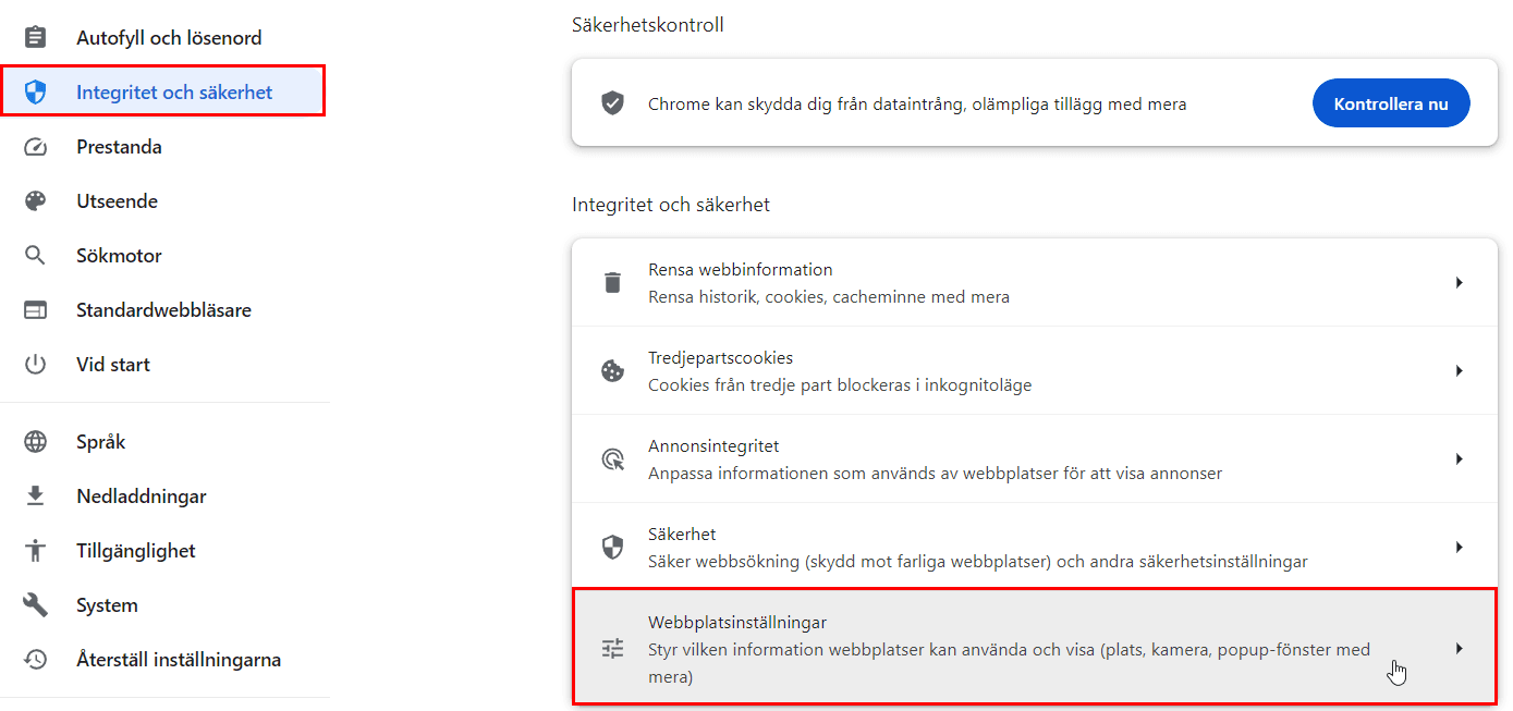 Här klickar du vidare på Integritet och säkerhet för att sedan välja Webbplatsinställningar.