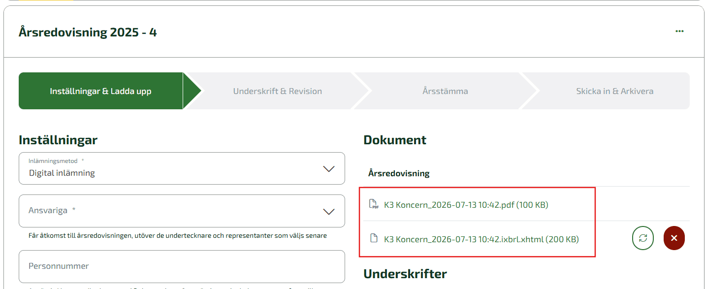 Ändringar som görs i signeringsflödet, och som uppdaterar informationen i .ixbrl-filen, leder inte till någon uppdatering av datum och klockslag i filnamnet.