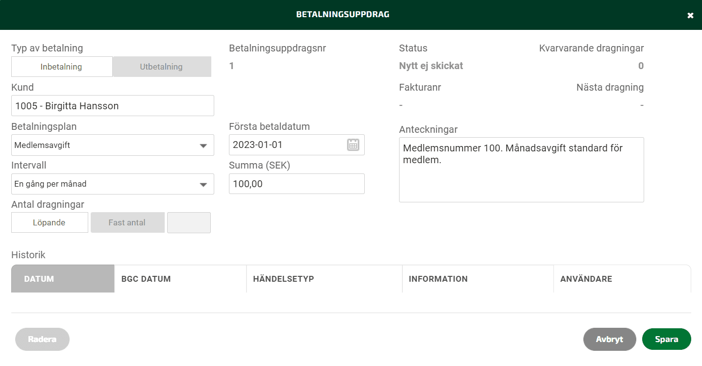 Lägg in information om betalningsuppdraget och Spara.