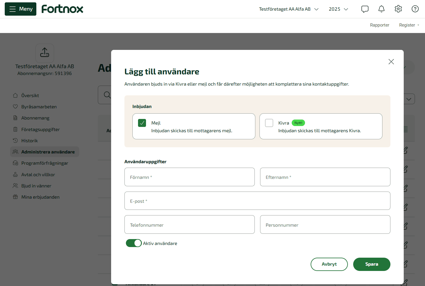 I vyn du hamnar i anger du användarens uppgifter; namn och e-postadress är obligatoriskt att fylla i.