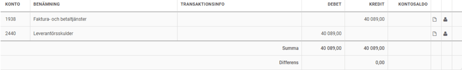 Fakturan bokförs då som betald (standardkonto 2440) och pengarna ni mottagit på Fortnox Betalkonto används för att betala denna leverantörsfaktura (standardkonto 1938).