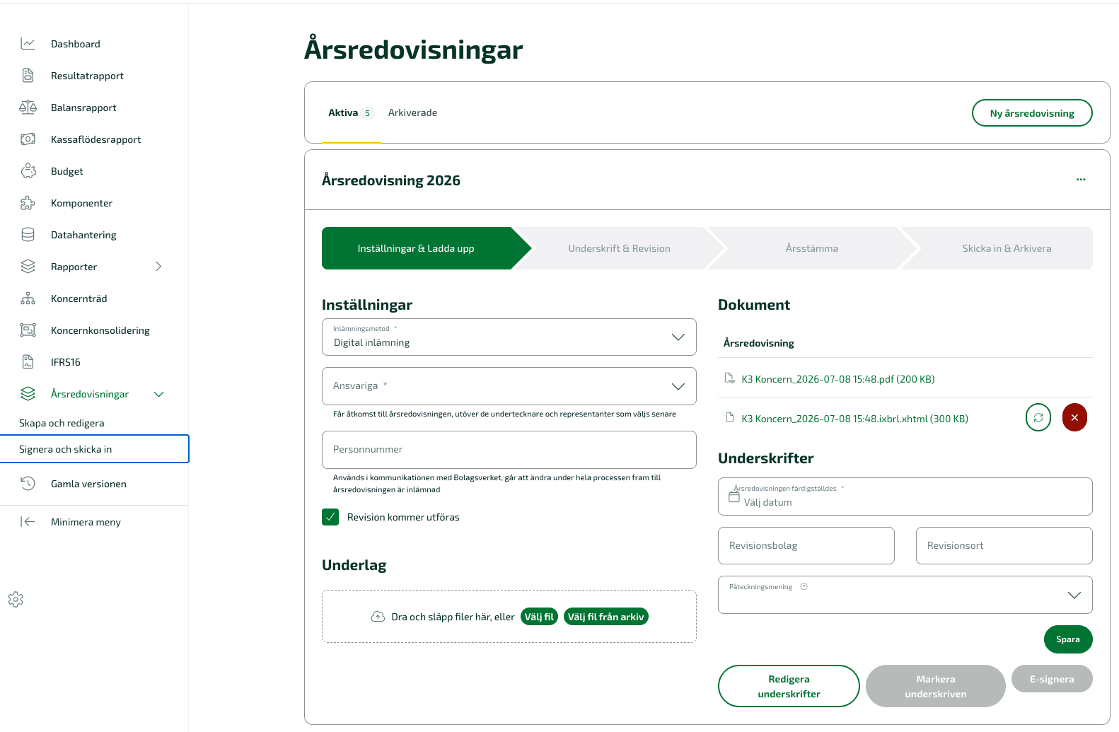 Gå till Signera och skicka in under Årsredovisningar på vänsterkanten och välj rätt signeringsflöde att fortsätta med.